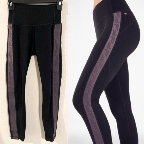 Fabletics Women’s Leggings XXS Black & Purple Monogram High-Waisted 7/8 Workout - Picture 1 of 17